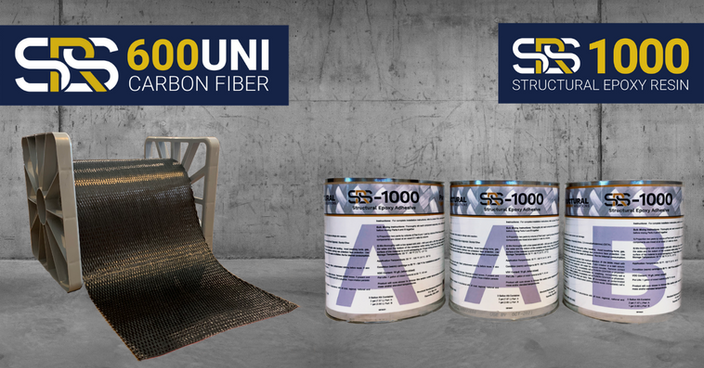 SRS-600 UNI carbon fiber reinforcement roll and SRS-1000 structural epoxy adhesive system used for concrete strengthening projects.