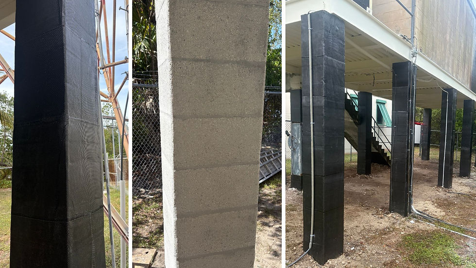 Before and after images of carbon fiber concrete repair in Florida showing surface-prepped CMU columns and finished SRS-660BI carbon fiber wrap installation for hurricane-resistant structural reinforcement.