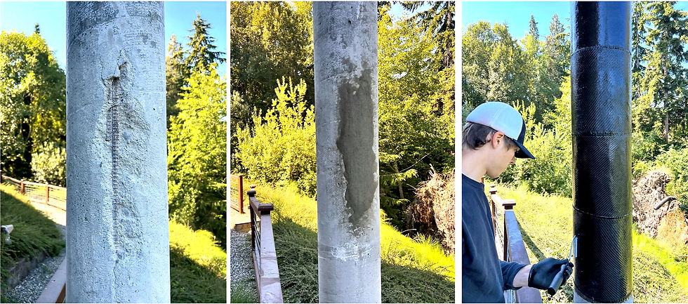 Composite image of a concrete column before and after repair. A person in a cap applies a final carbon fiber wrap. Green trees in the background.