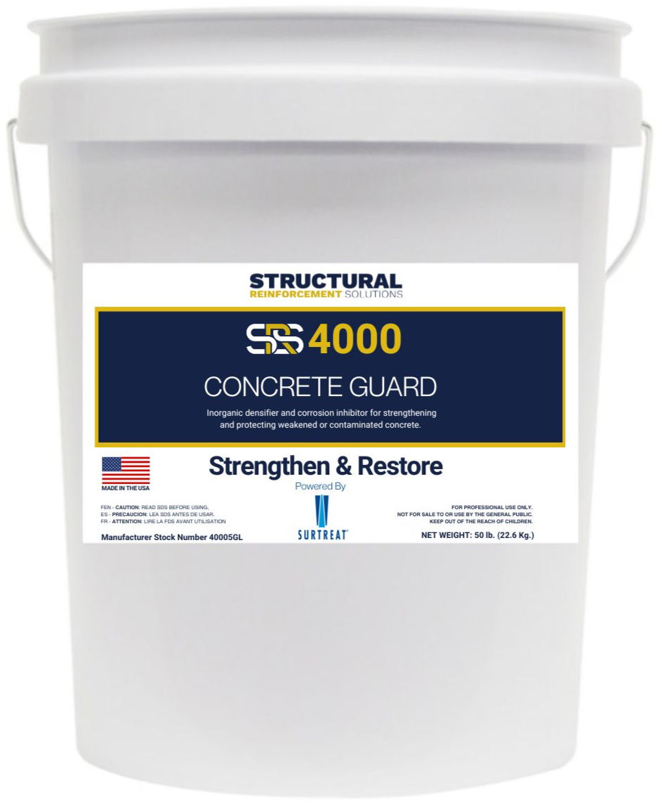 A 5 gallon pail of SRS-4000 Concrete guard, as sold by Structural Reinforcement Solutions