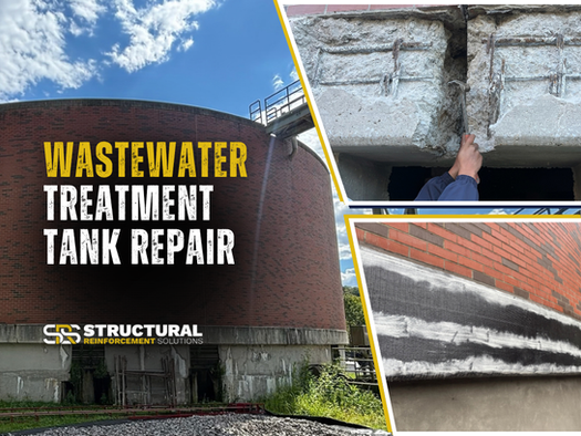 Wastewater Treatment Facility Tank with structural crack and visible signs of corrosion and structural deterioration before repairs. Also showing the after pictures of the tank being repaired using SRS carbon fiber surface applied strengthening systems wrapped around the tank