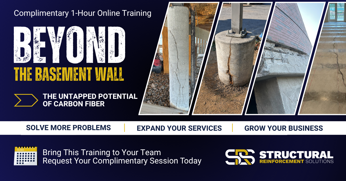 A cracked lightpole foundation a shear cracked structural support column and a structural crack in a slab depicting problems that can be solved with carbon fiber

