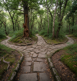 Rugged stone pathway branching into multiple paths in woods.png