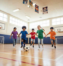 6 diverse kids playing soccer in a gym.png
