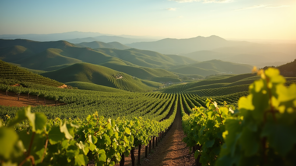 High angle view of vineyard landscape with rolling hills and grapevines