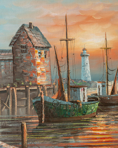MAX SAVY港の風景 油彩画 Vintage Harbor Scene Oil Painting by Max