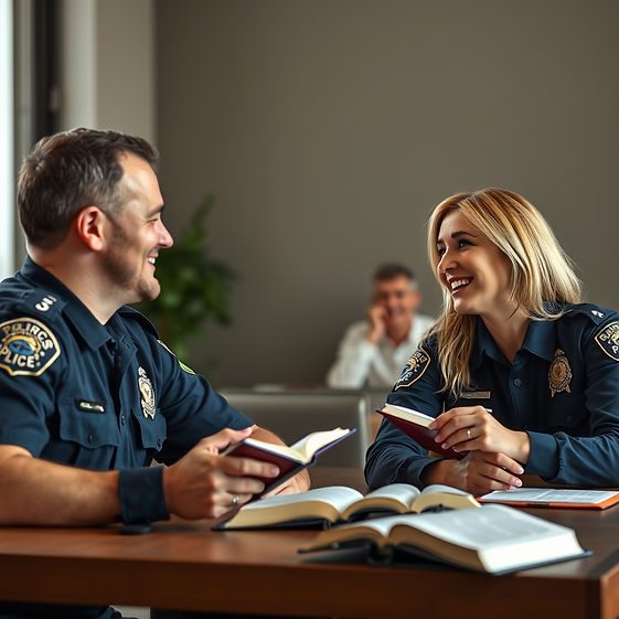 men and women police officers, sitting at a table, smiling, looking at each other doing bi