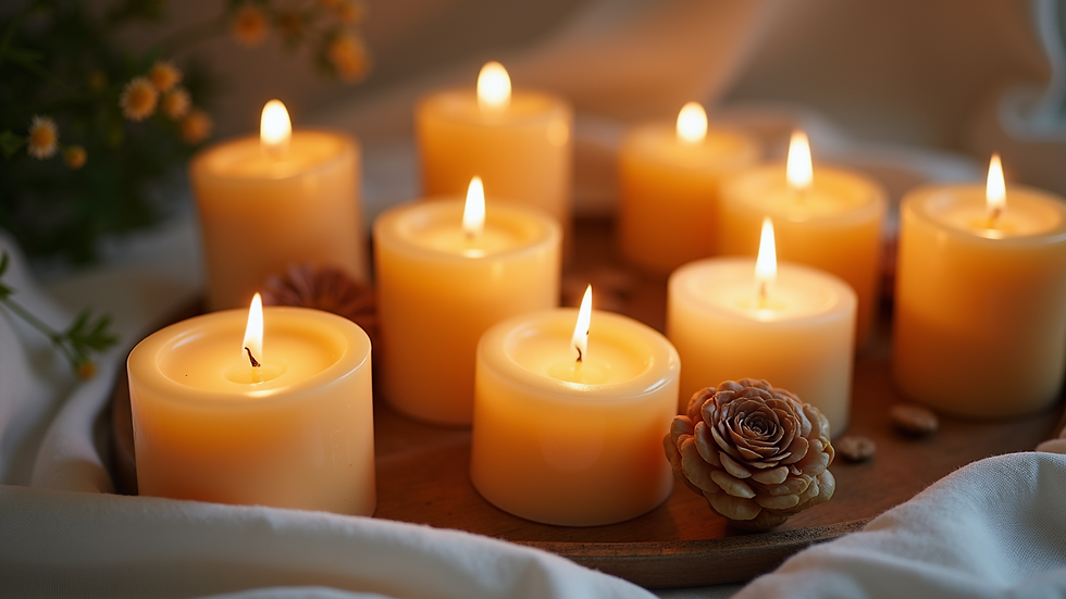 High angle view of a collection of natural wax healing candles with essential oils