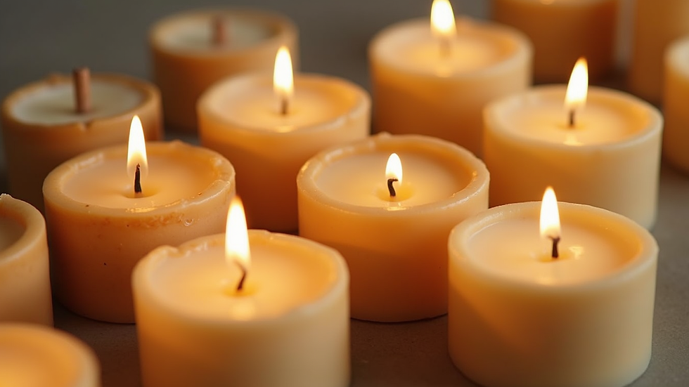 Eye-level view of a collection of natural wax candles with wooden wicks