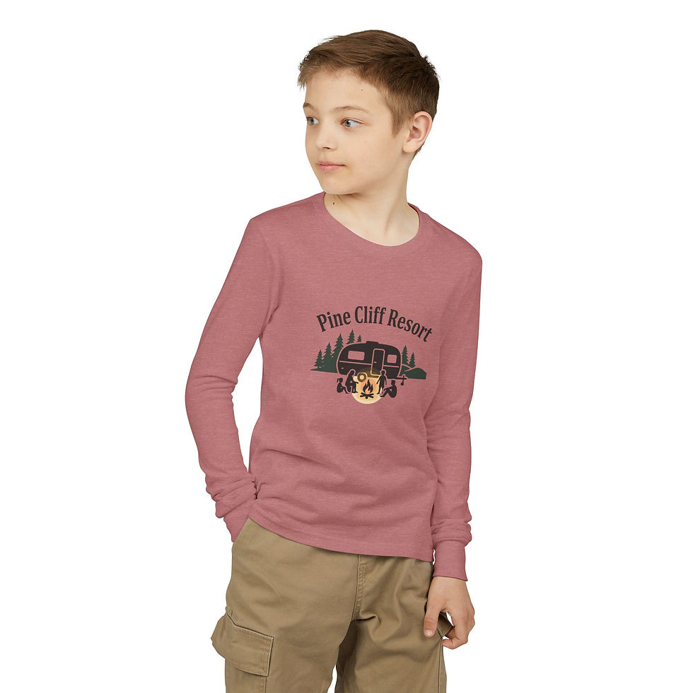 Thumbnail: Pine Cliff Resort Youth Long Sleeve Tee — Camper, Campfire & Forest Kids Shirt