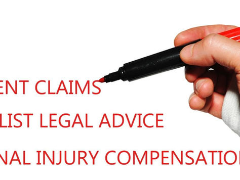 Close up of a hand with an arm brace holding a red marker with the writings “ACCIDENT CLAIMS, SPECIALIST LEGAL ADVICE, PERSONAL INJURY COMPENSATION”