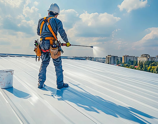 Exterior building roof maintenance by a professional worker.