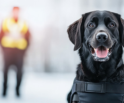 A cheerful black Labrador retriever in a harness stands in the snow