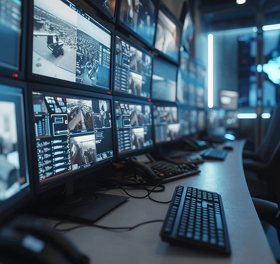 A sleek surveillance room with multiple large monitors displaying security footage and data