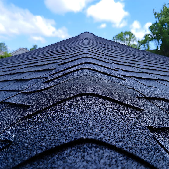 Close-up of a textured black shingle roof stretching towards a blue sky with fluffy clouds; surrounding trees and houses are partially visible.