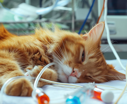 Fluffy orange cat lies on medical bed, surrounded by tubes and wires