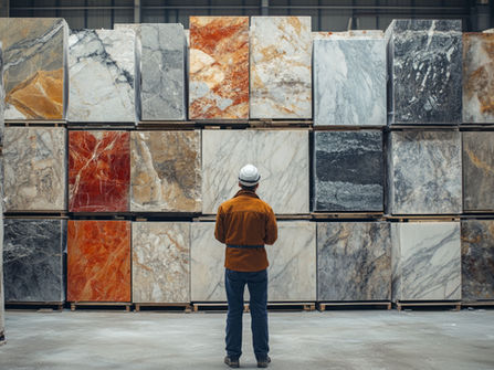 Supervisor controlling marble or granite blocks stored on pallets in warehouse of a natural stone factory