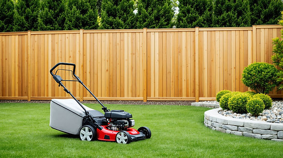Lawn mower standing on green lawn in front of wooden fence background