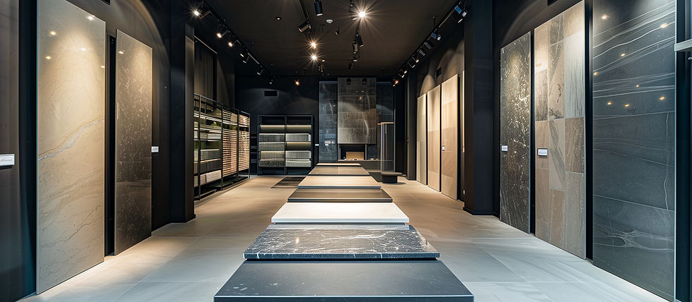 Displays of granite and ceramic tile samples at the modern store