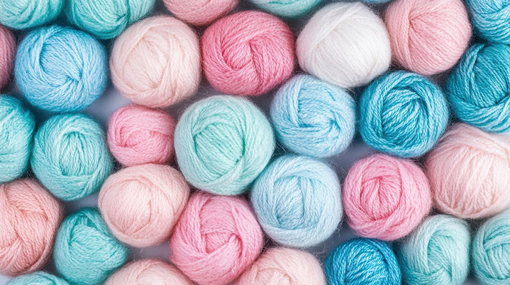 Colorful yarn balls in soft pastel shades are beautifully arranged on a flat surface