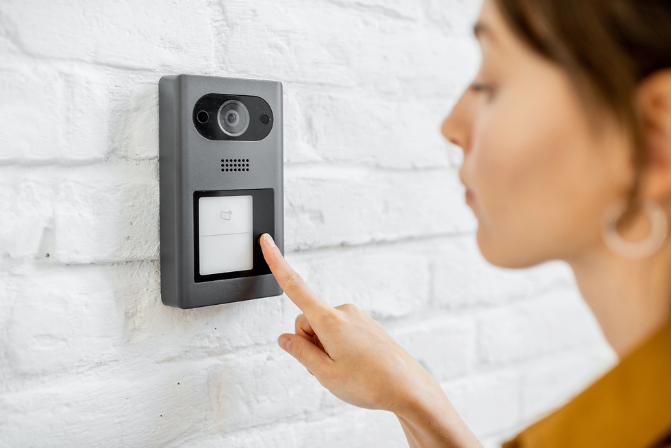 A woman pressing a doorbell with a built-in camera