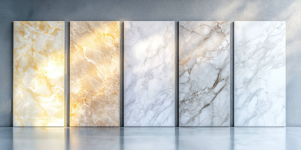 Different marble slabs samples displayed in a showroom