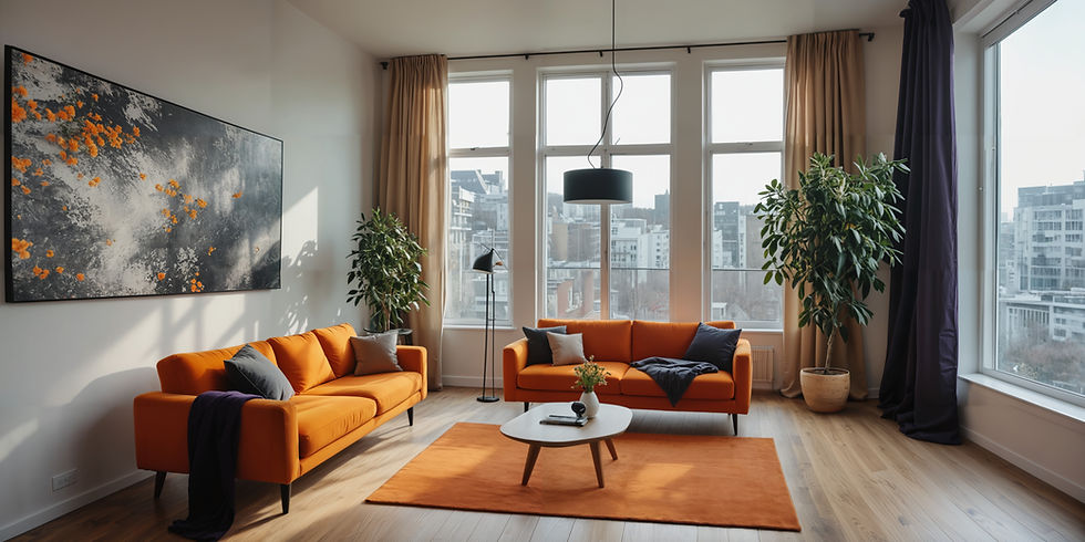 Bright living room with two vibrant orange sofas, a modern abstract painting