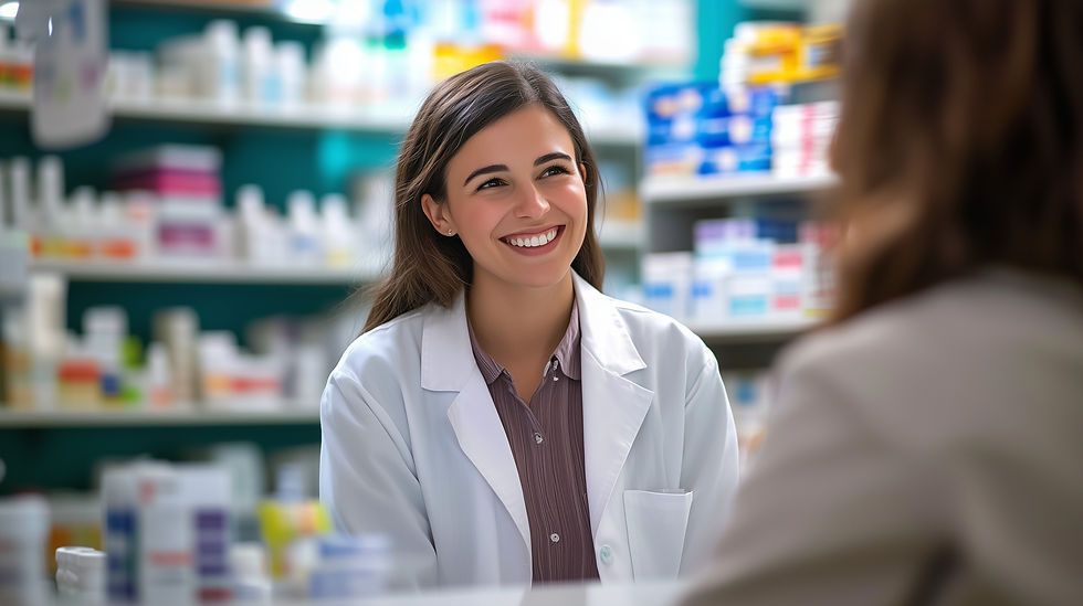 A female pharmacist wearing a white lab coat