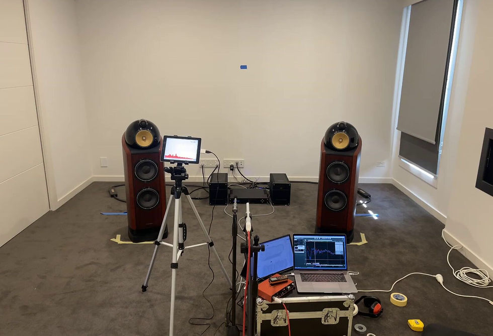 Dual microphones capture the room’s frequency response at different listening positions to analyze room modes and low-frequency decay.