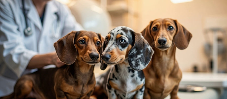 tres dachshund en una consulta veterinaria