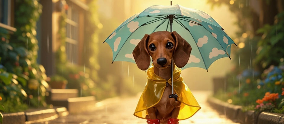 un dachshund con una capa amarilla botas de lluvia y una sombrilla