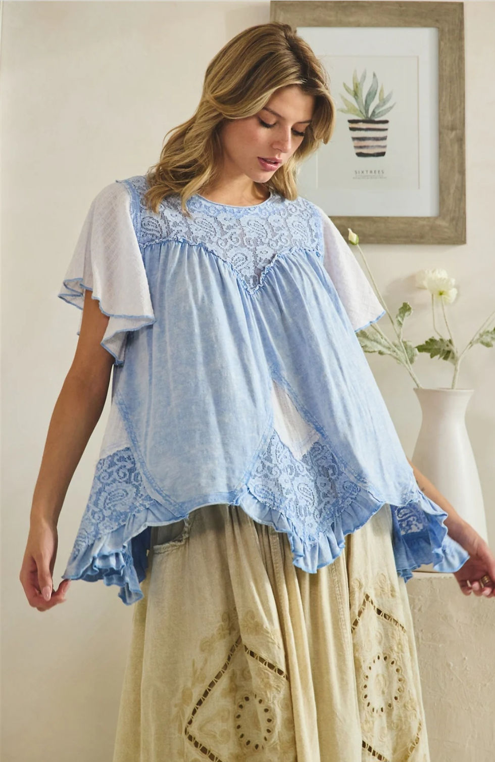Thumbnail: Lace Mix Ruffle Hem Tunic (Various Colors)