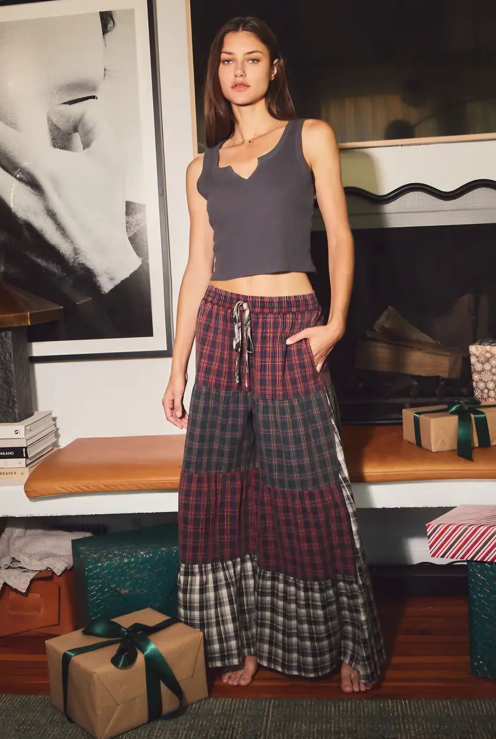 Thumbnail: Acid Washed Patchwork Plaid Tiered Pants