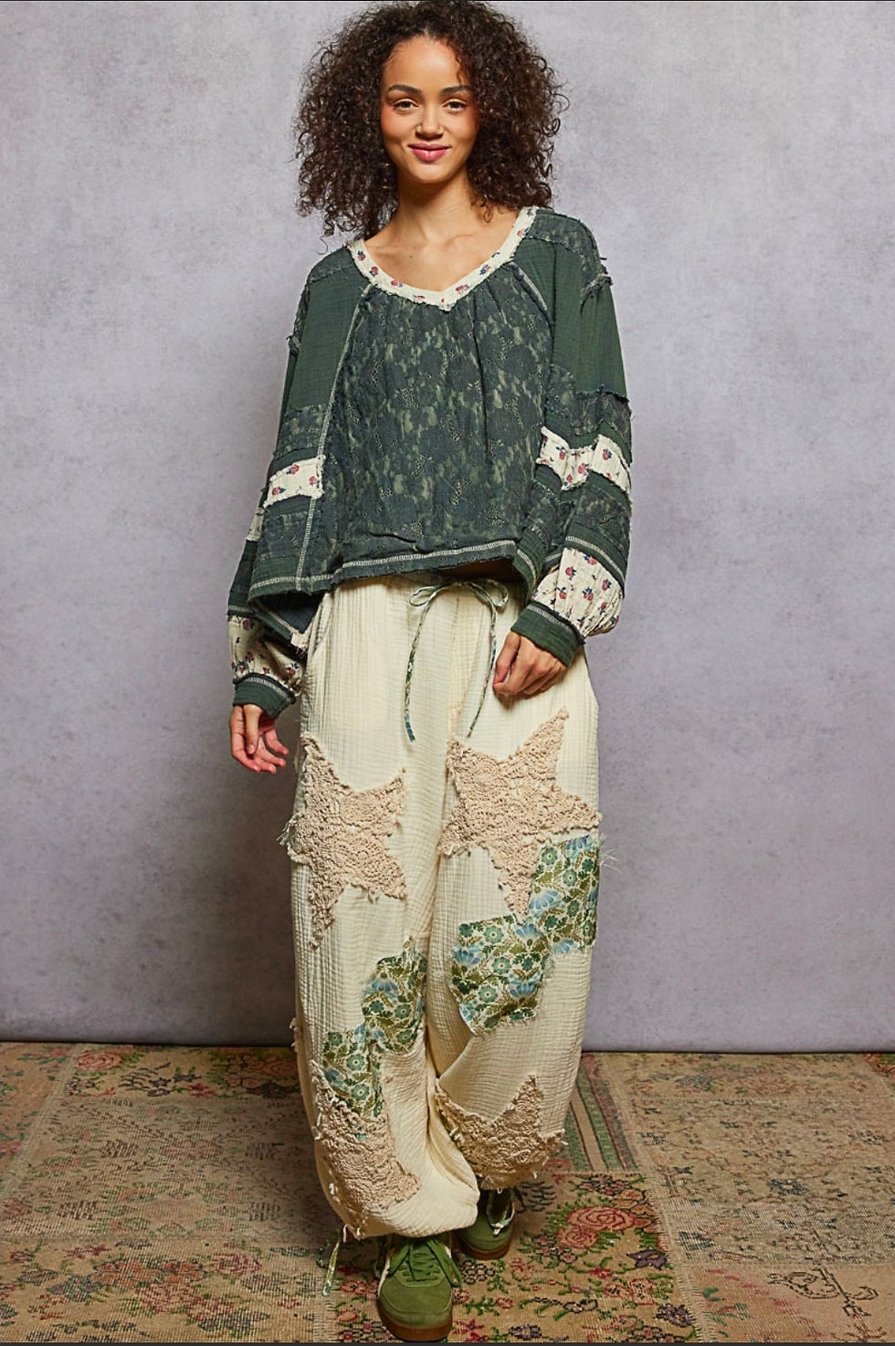 Thumbnail: Charcoal/Olive Double Gauze Lace Patch Top