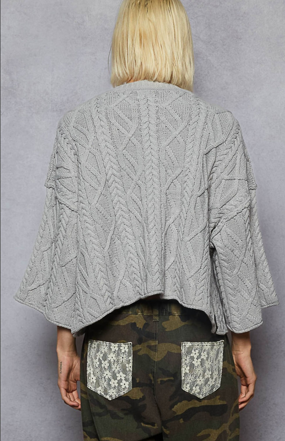 Thumbnail: Round Neck 3/4 Sleeve Cropped Cable Knit Sweater