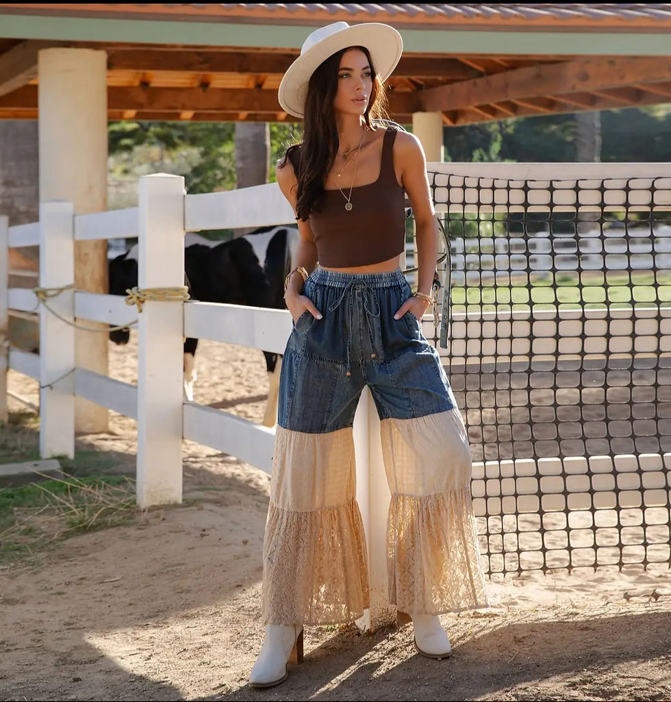 Thumbnail: Prairie Moon Denim & Lace Tiered Palazzo Pants 