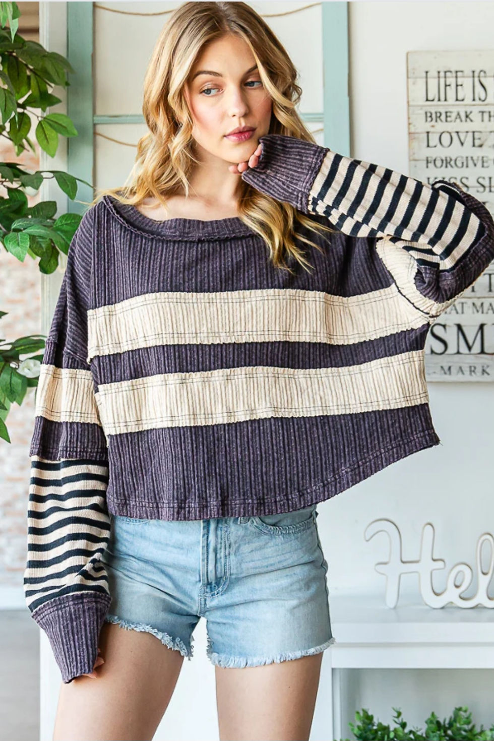 MIX MEDIA STRIPED DETAIL LONG SLEEVE PULLOVER