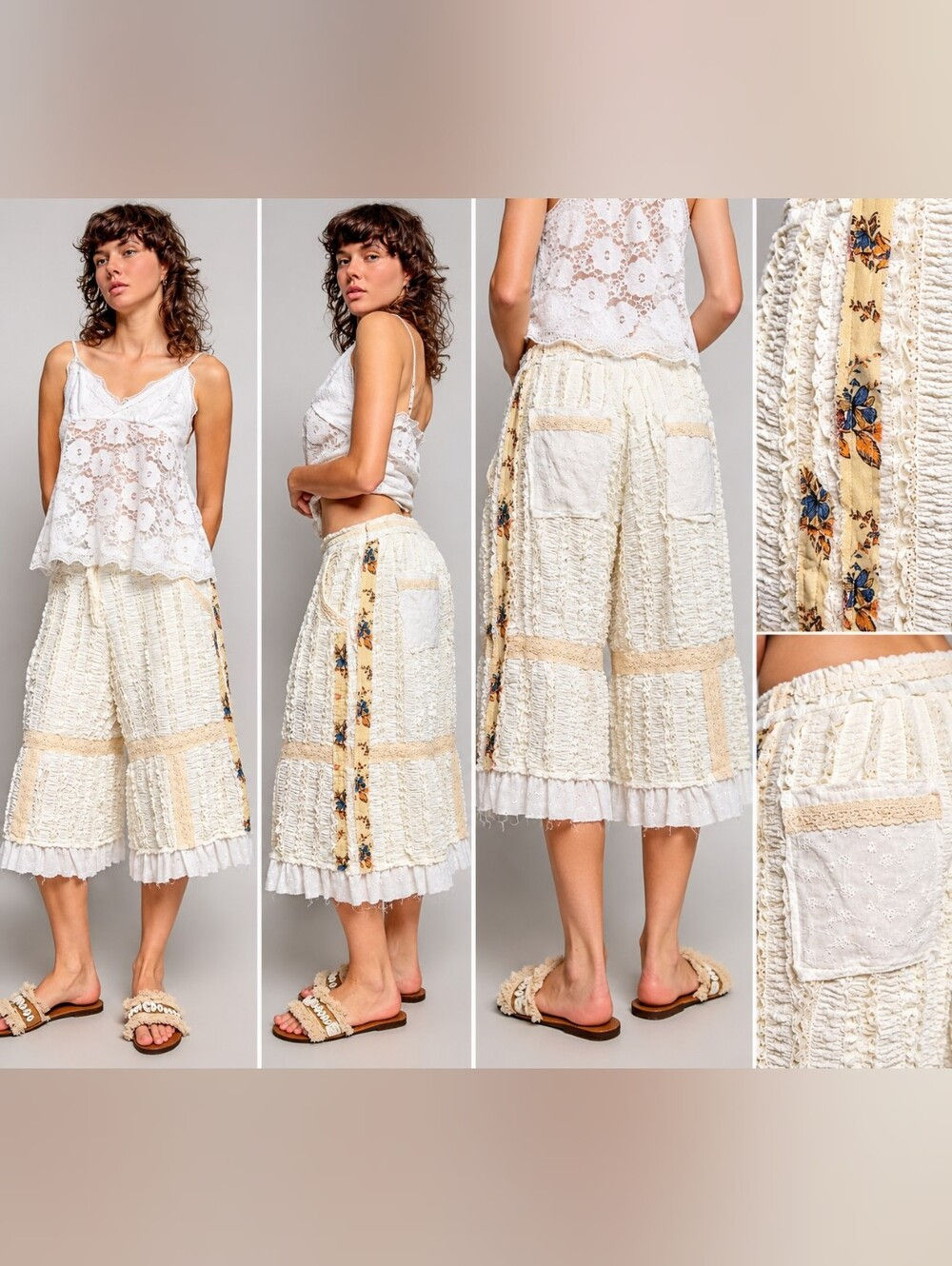 Vintage Whispers Ruffle & Lace Wide-Leg Pants – Ivory
