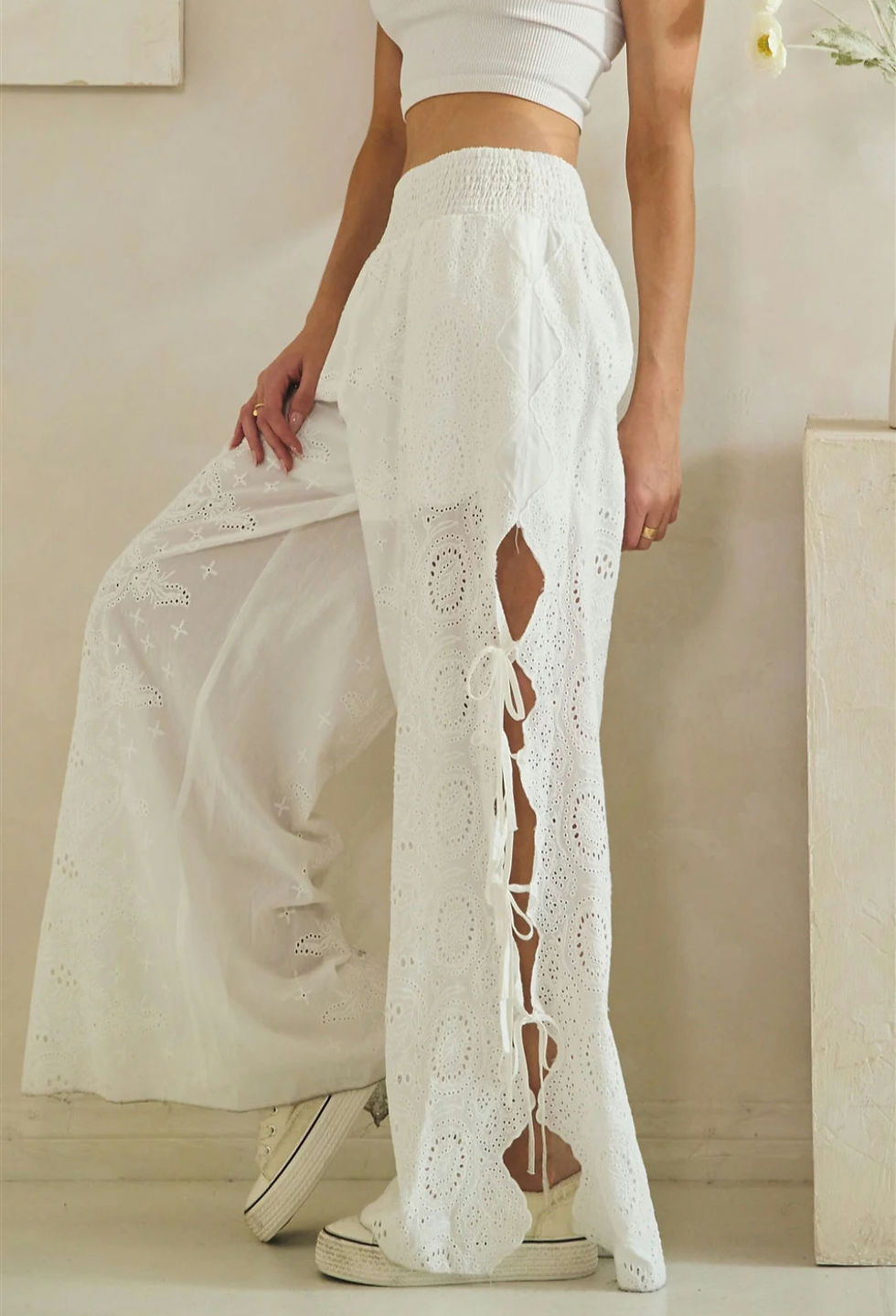 Thumbnail: Moonlit Coast Eyelet Lace-Up Wide Leg Pants (Various Colors)