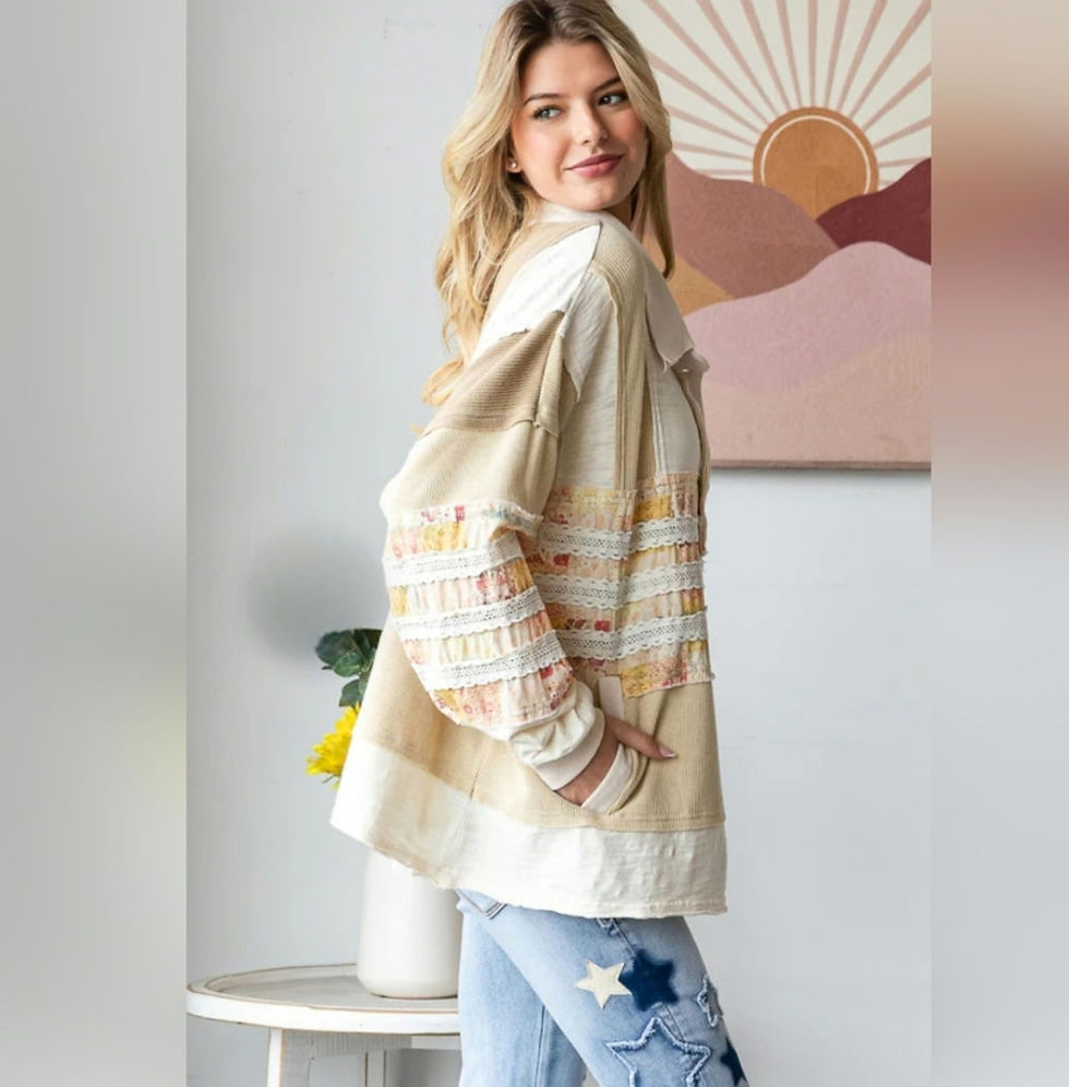 Thumbnail: Washed Mixed Fabric Button Collar Long Sleeve Top