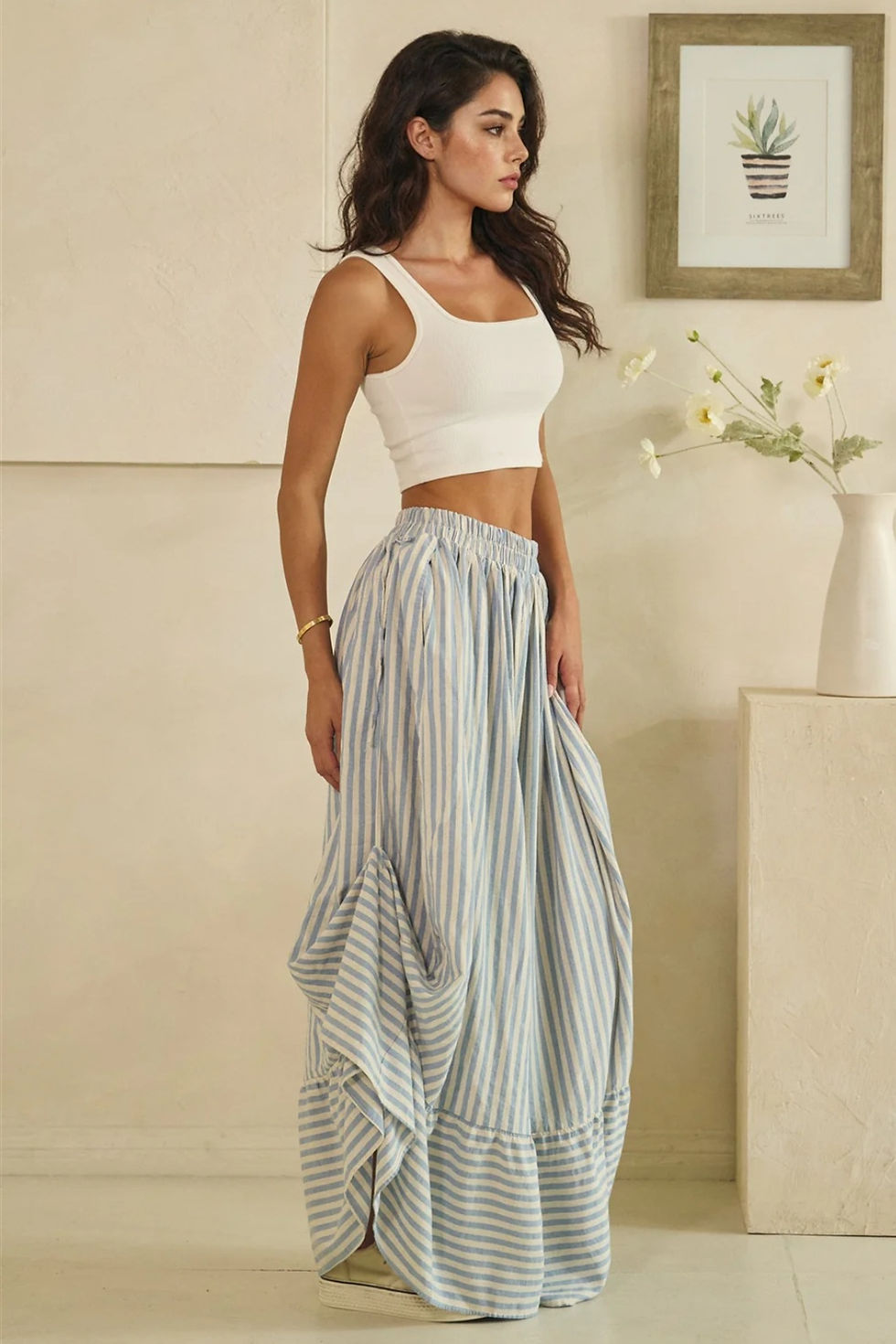 Thumbnail: Harbor Stripe Asymmetric Gathered Palazzo Pants (Various Colors)