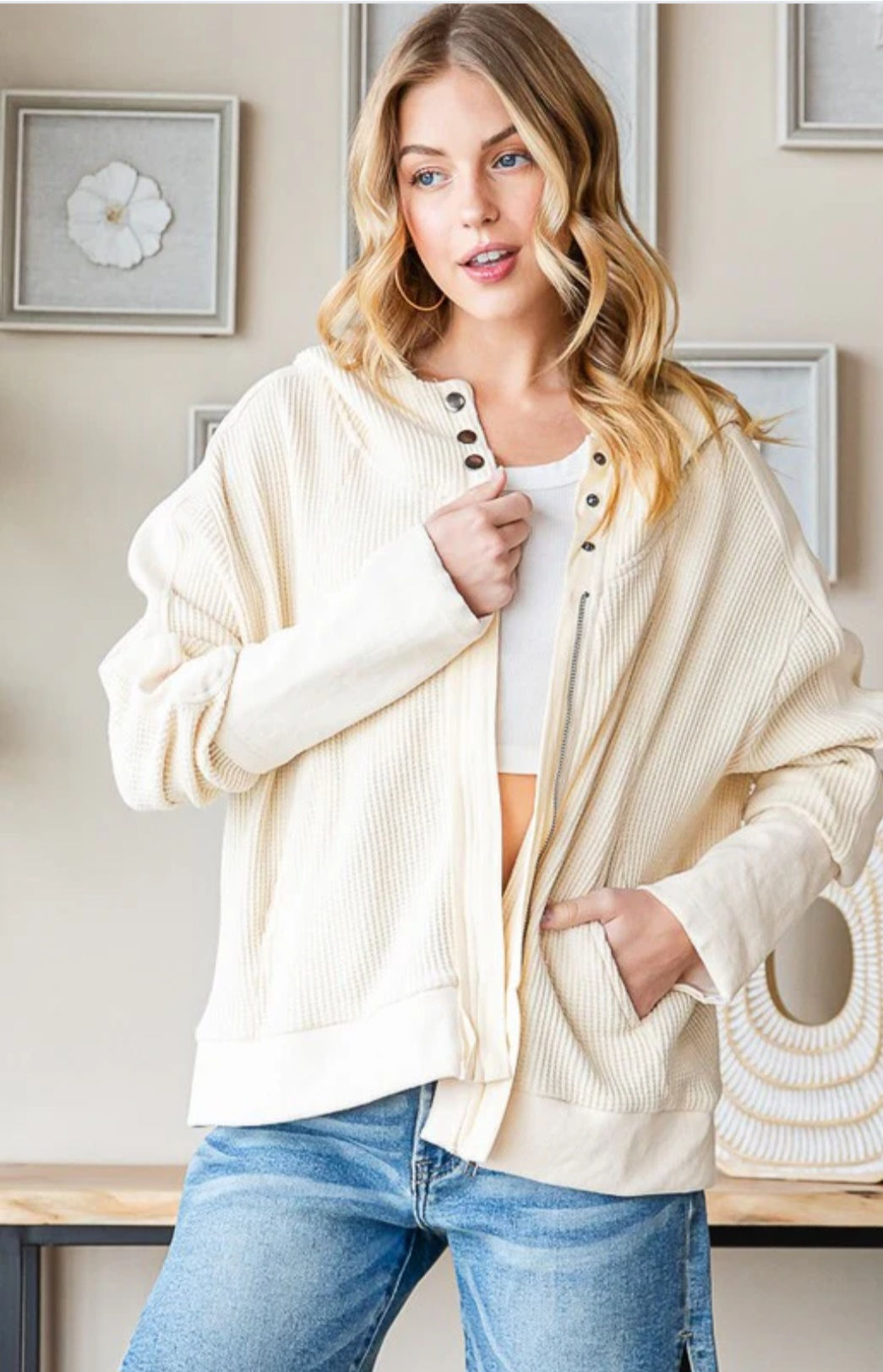 Cream Cloud Waffle Knit Zip Hoodie