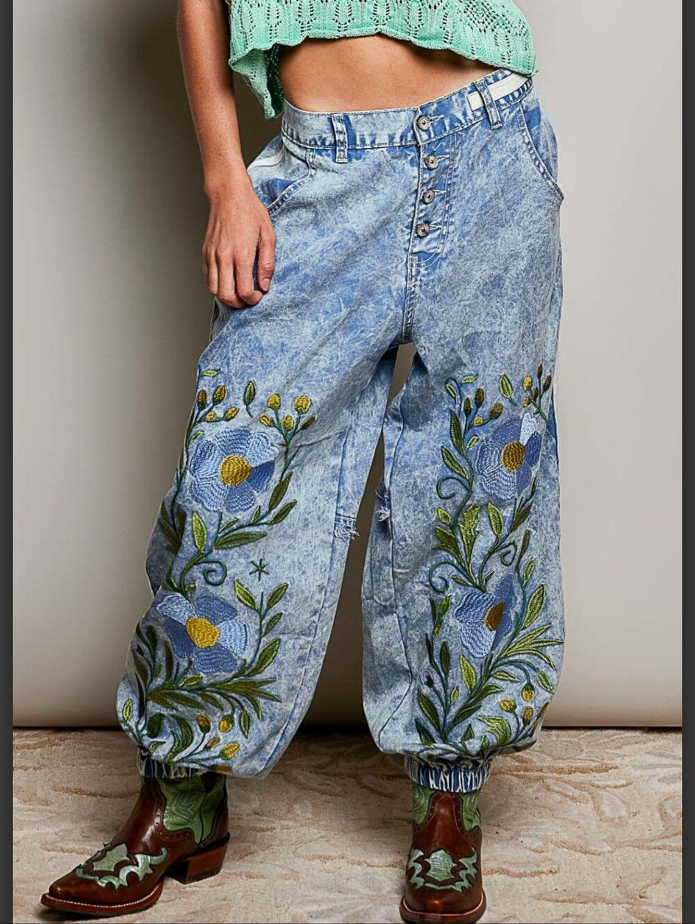 Bluebell Bloom Embroidered Denim Joggers