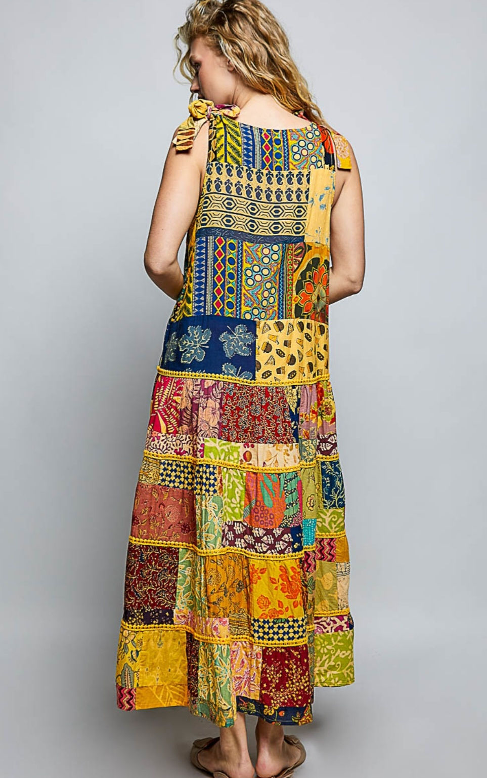 Thumbnail: Golden Wanderer Patchwork Boho Maxi Dress