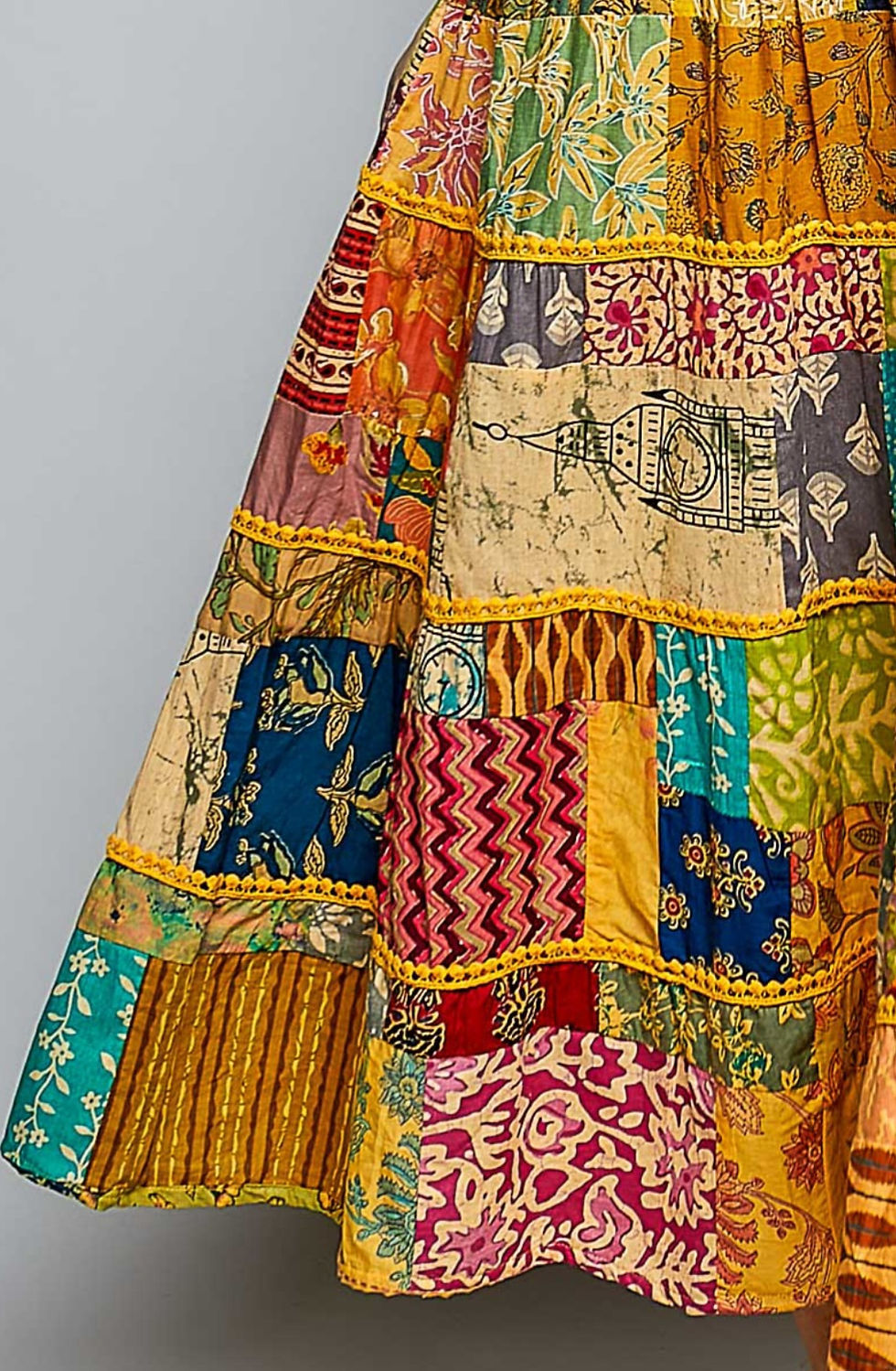Thumbnail: Golden Wanderer Patchwork Boho Maxi Dress