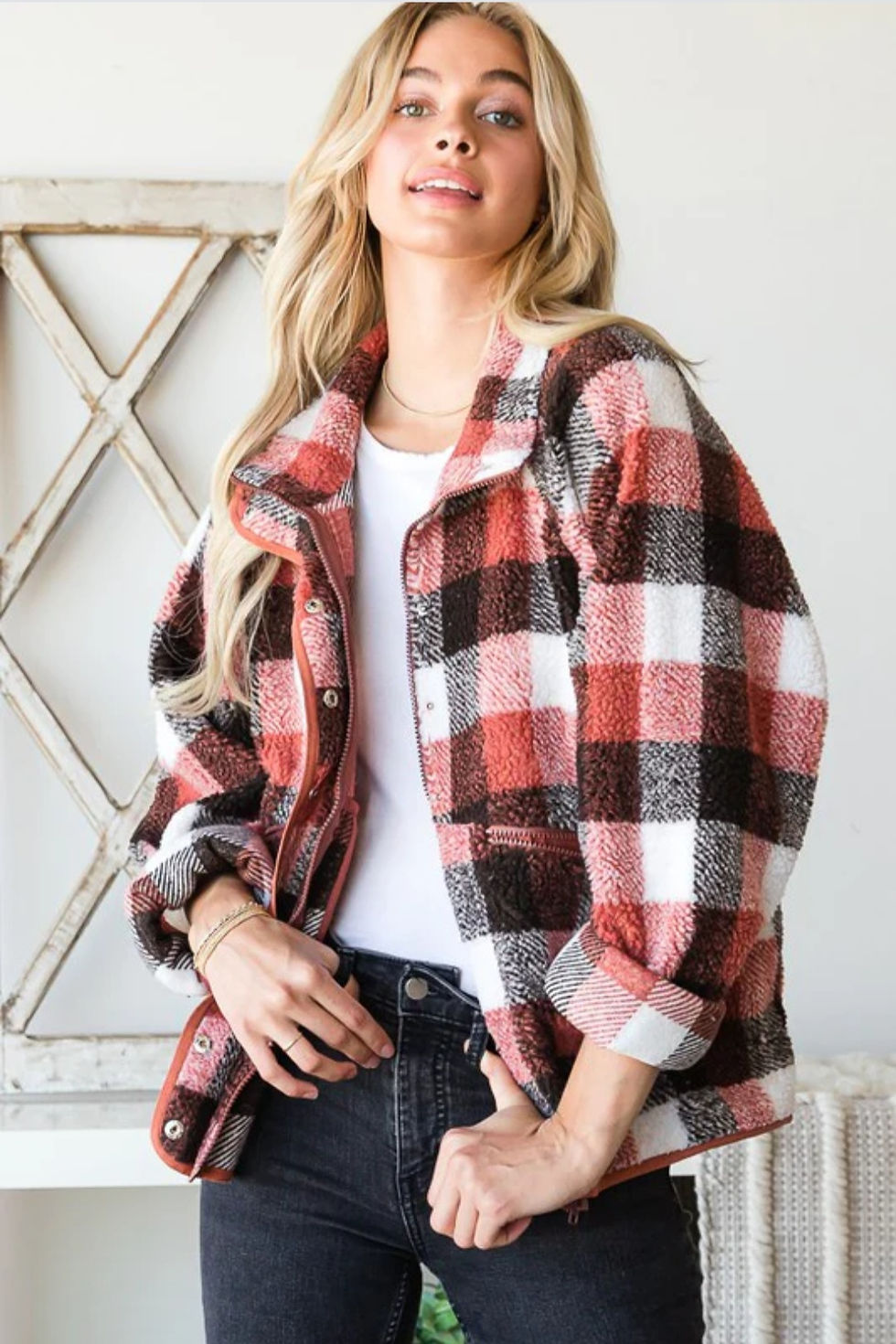 Thumbnail: PLAID PATTERN SHERPA ZIPPER CLOSURE WARM JACKET