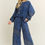 Thumbnail: Mineral Washed Tweed Daisy Patch Long Sleeve Top & Wide-leg Pant Set 