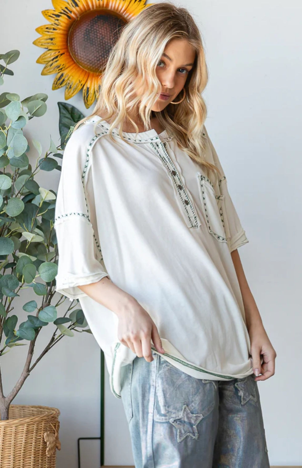 Thumbnail: Ivory Drift Stitch Detail Henley Top