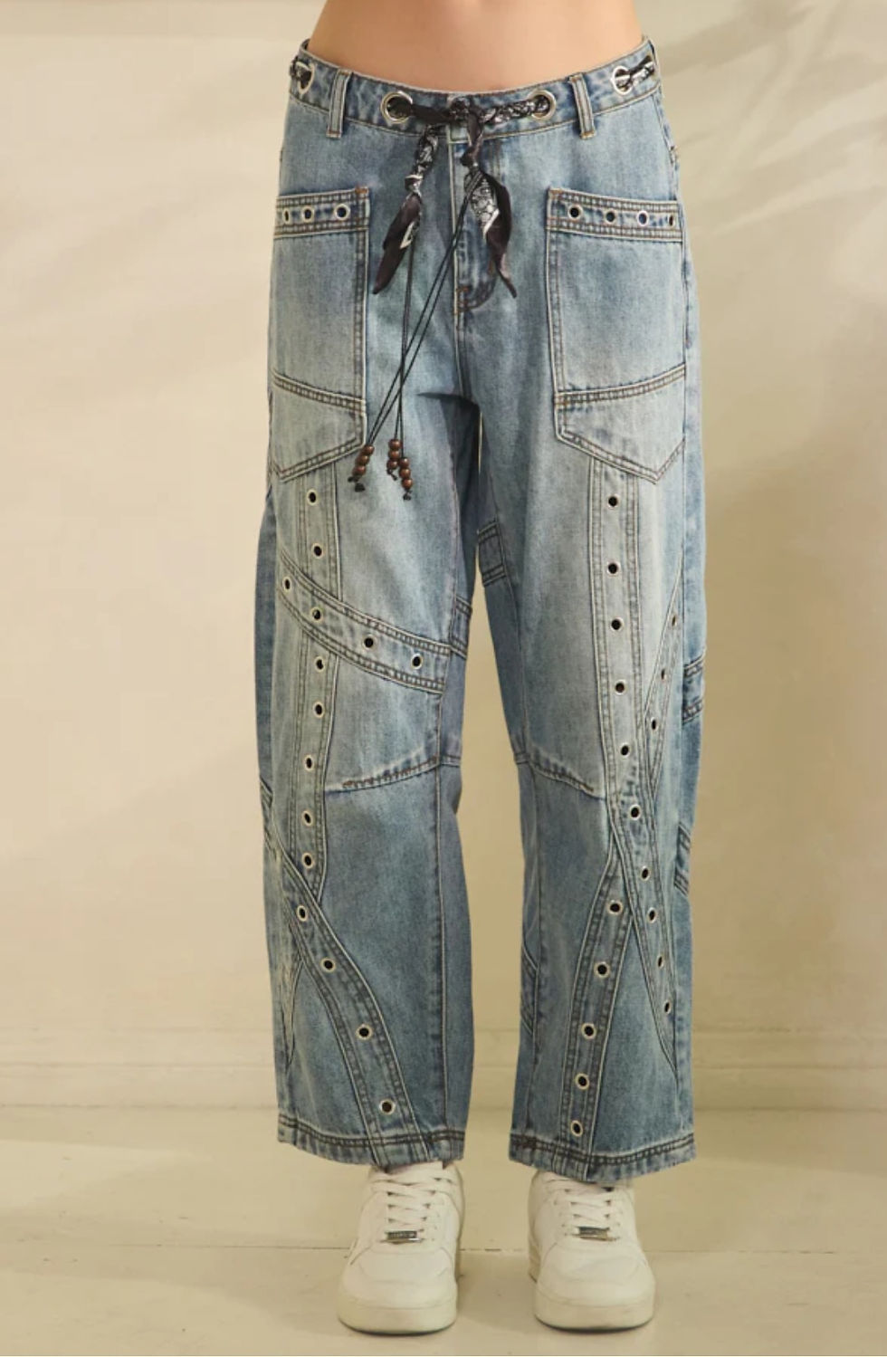 Thumbnail: Washed Grommet Detail Barrel Jeans