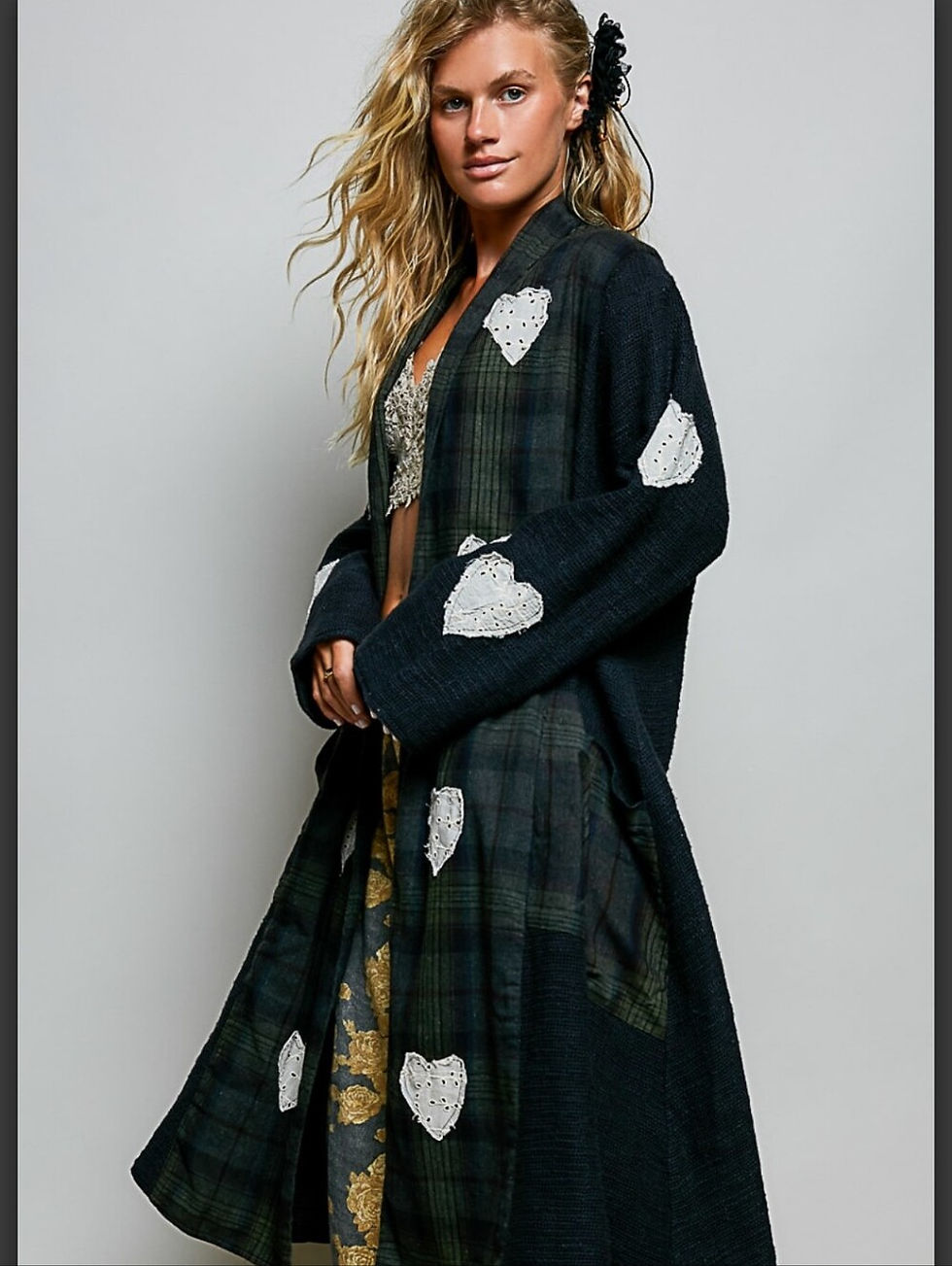 Thumbnail: #1908 POL Heart & Soul Plaid Patchwork Duster – Midnight Forest